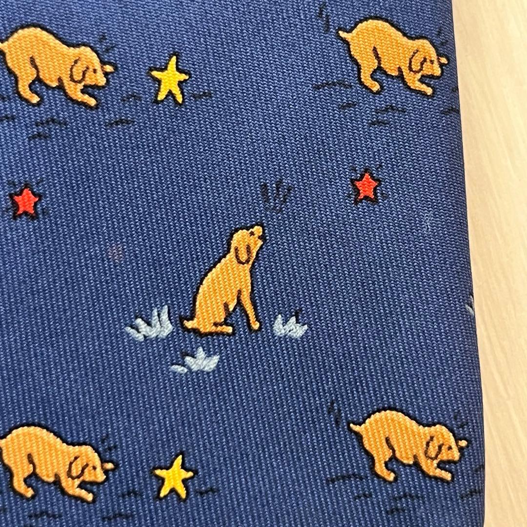 エルメス HERMES ネクタイ シルク100% ネイビー 犬 星 総柄 動物柄