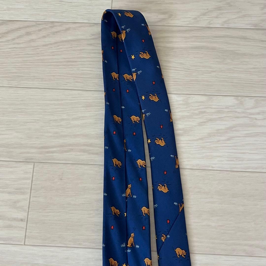 エルメス HERMES ネクタイ シルク100% ネイビー 犬 星 総柄 動物柄