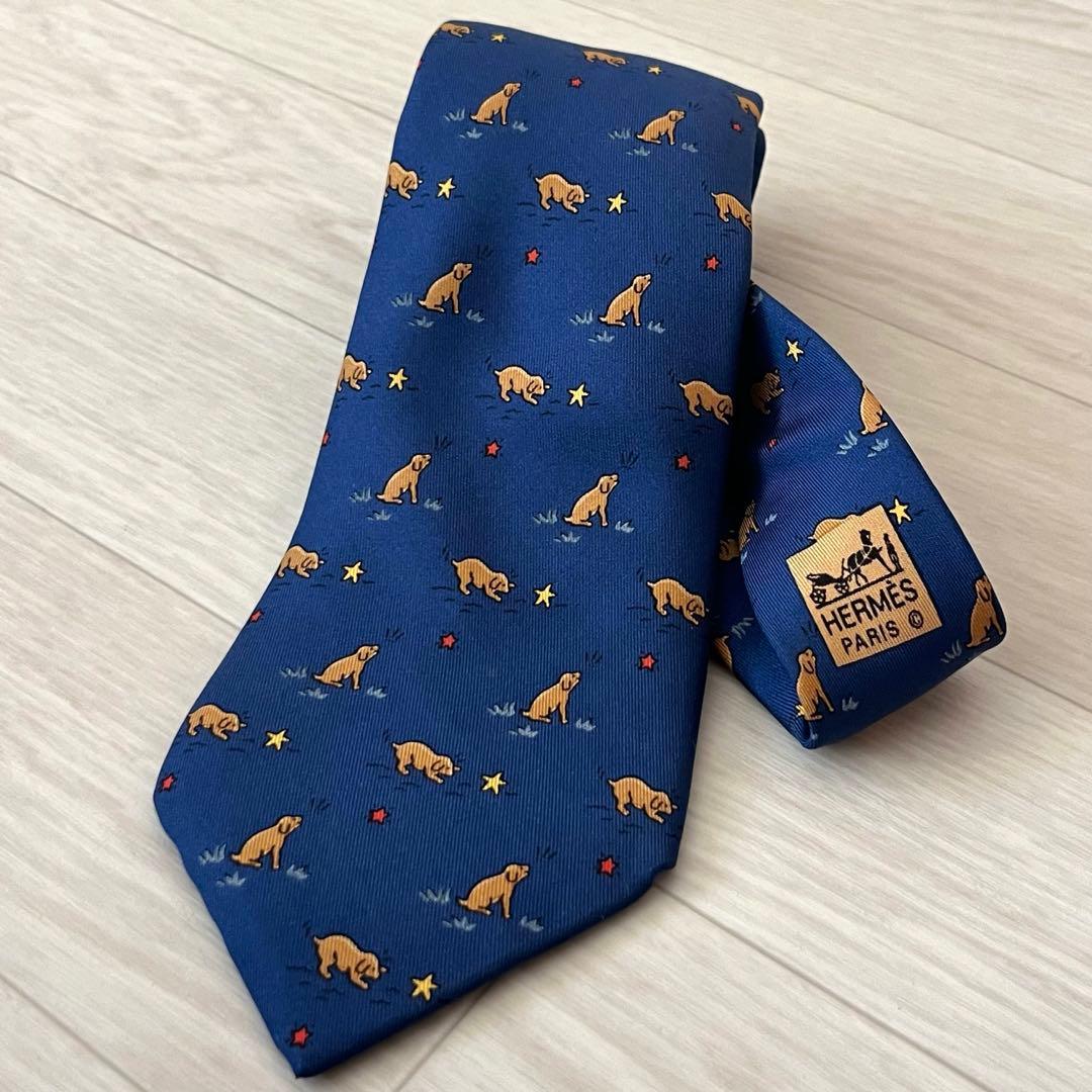 エルメス HERMES ネクタイ シルク100% ネイビー 犬 星 総柄 動物柄