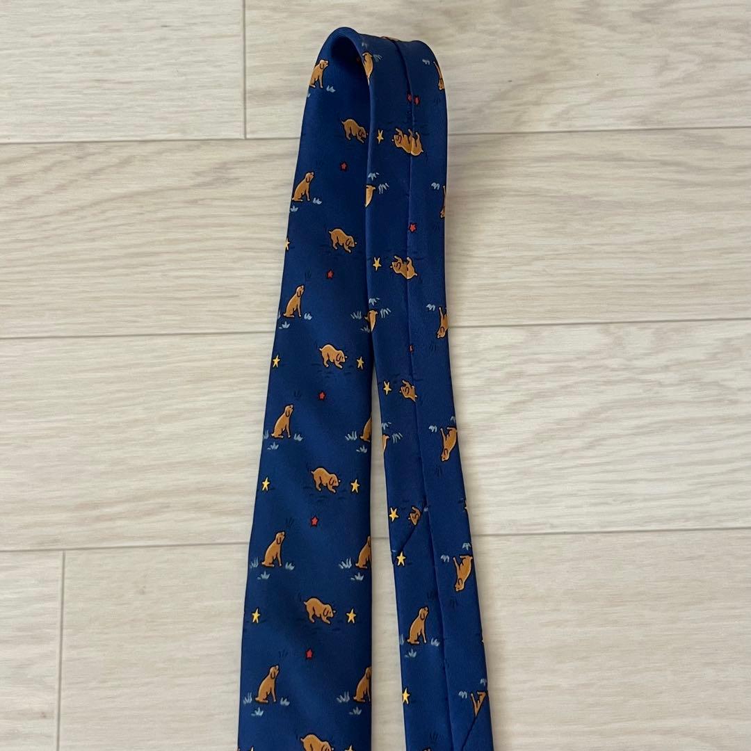 エルメス HERMES ネクタイ シルク100% ネイビー 犬 星 総柄 動物柄