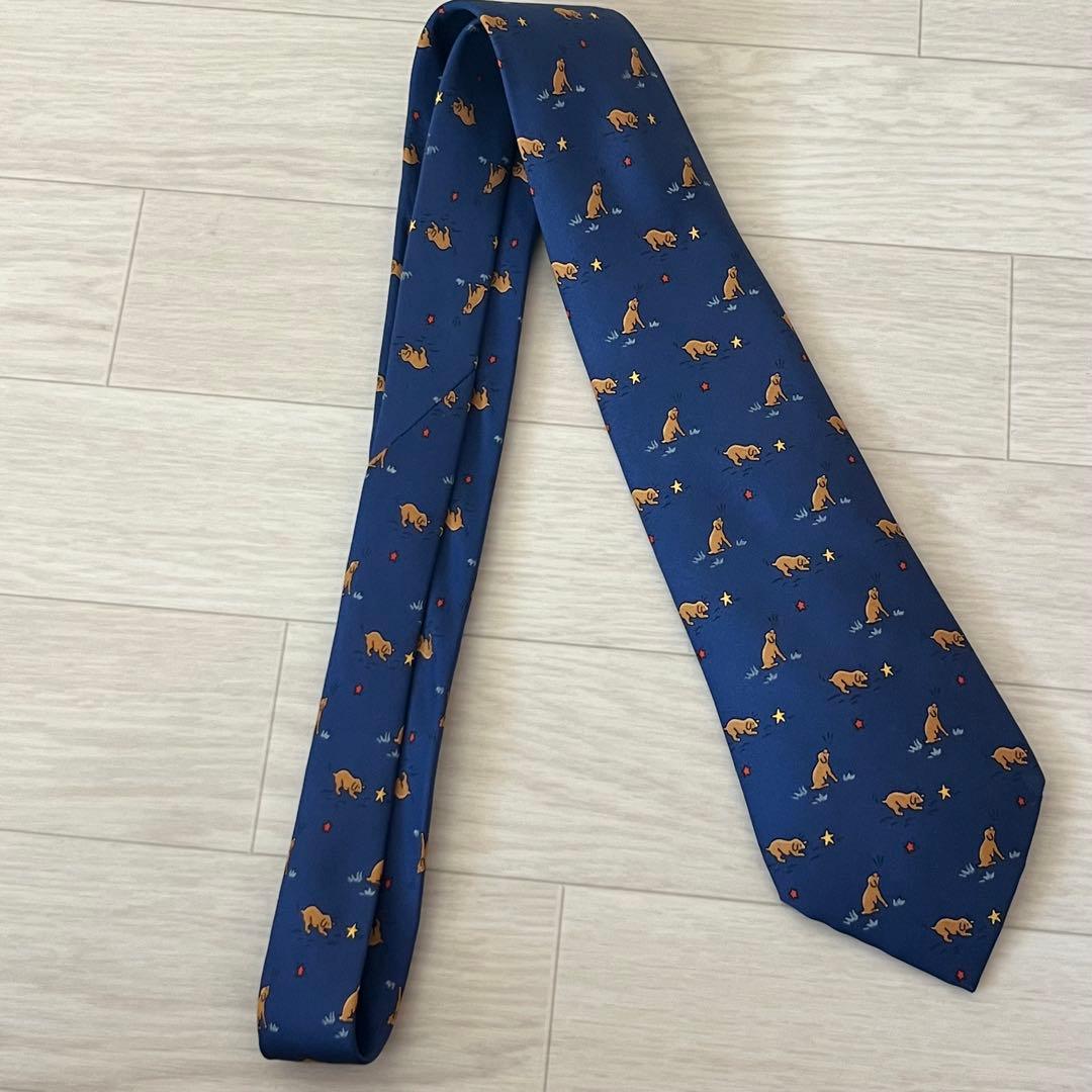 エルメス HERMES ネクタイ シルク100% ネイビー 犬 星 総柄 動物柄