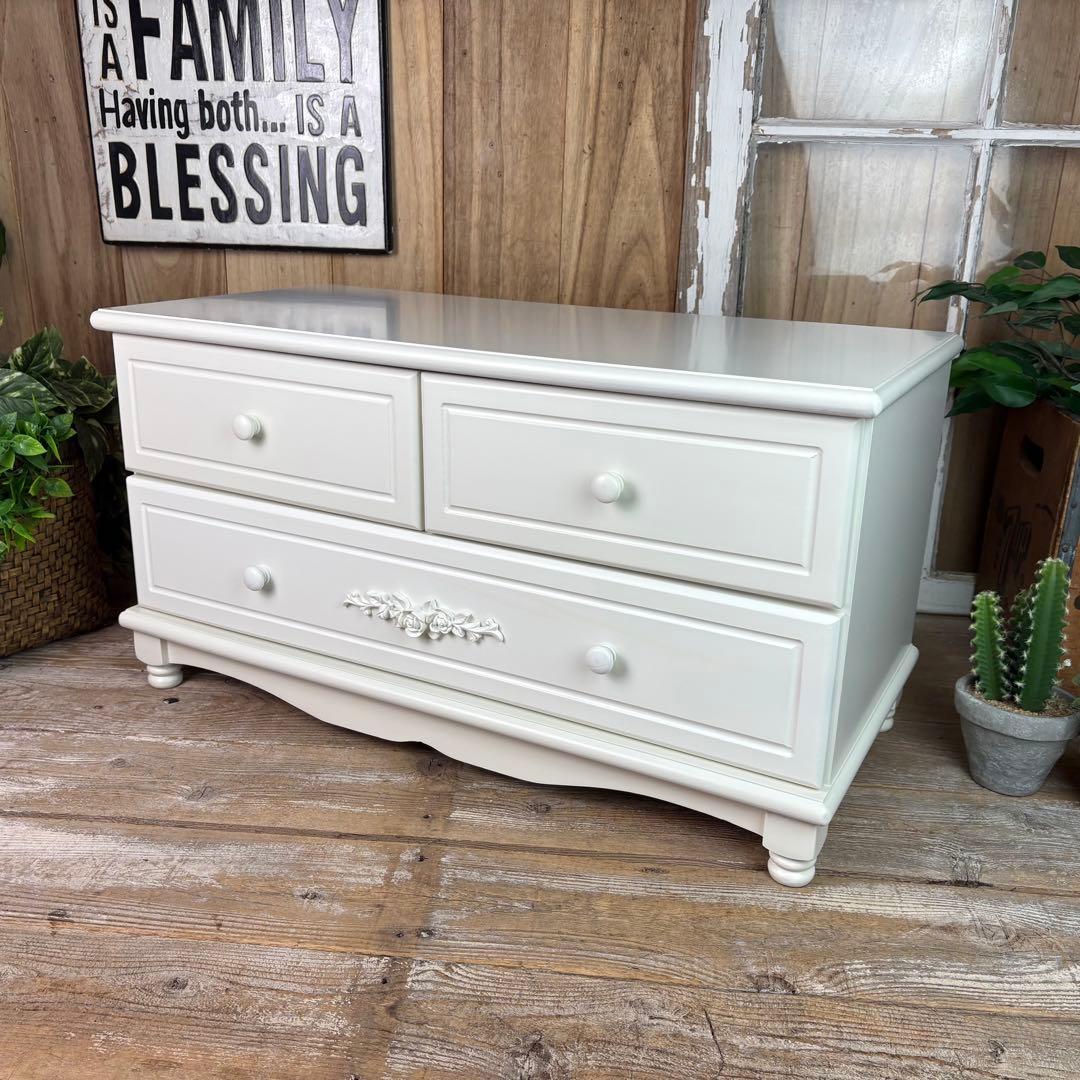 フレンチ調ホワイトチェスト横長木製収納家具姫系洋タンス飾り棚姫かわテレビ台TV台