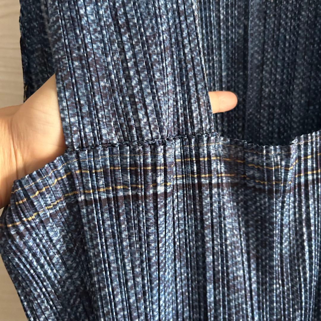 プリーツプリーズ　サロペット　オーバーオール　デニム転写　ブルー