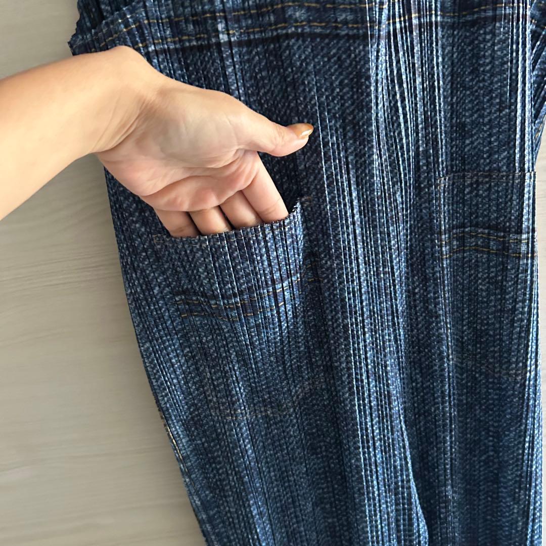 プリーツプリーズ　サロペット　オーバーオール　デニム転写　ブルー