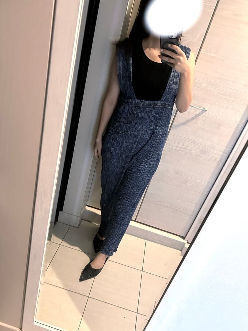 プリーツプリーズ　サロペット　オーバーオール　デニム転写　ブルー