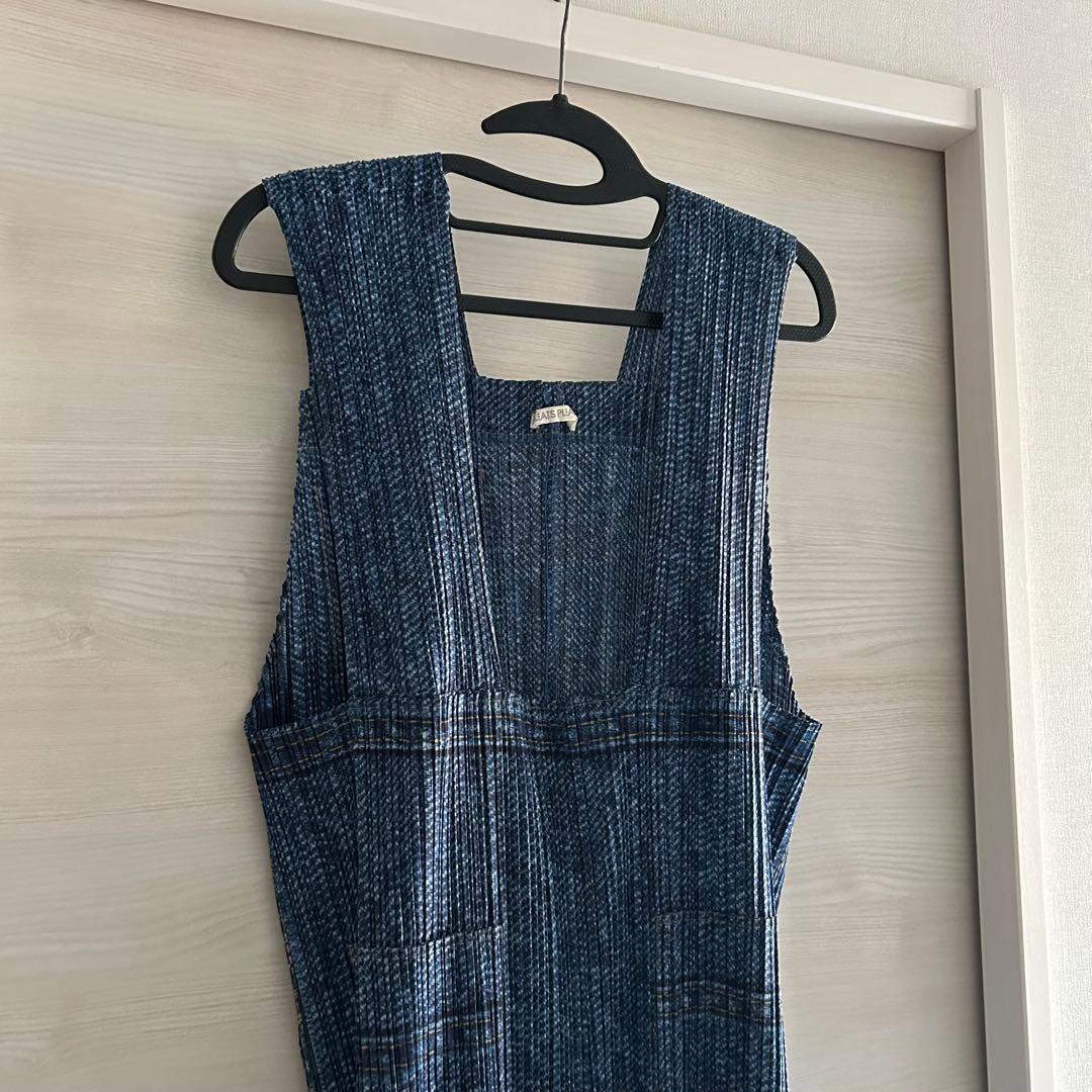 プリーツプリーズ　サロペット　オーバーオール　デニム転写　ブルー