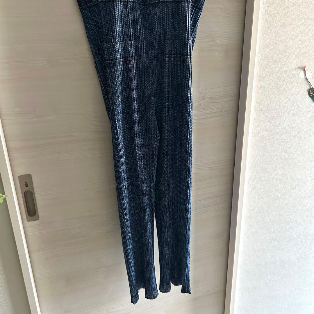 プリーツプリーズ　サロペット　オーバーオール　デニム転写　ブルー