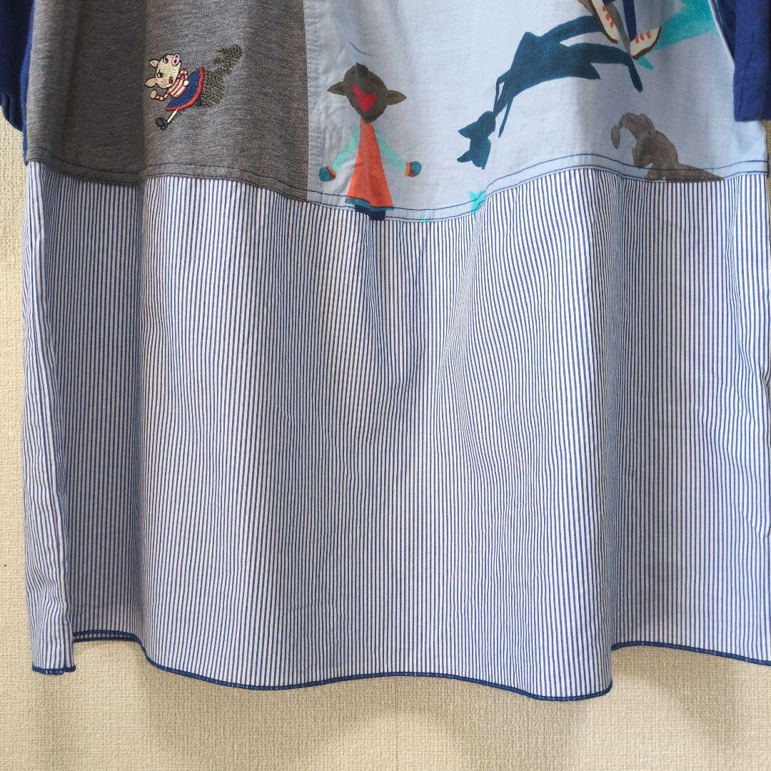 再値下げ！アルベロベロ♥️ぶたさん刺繍影絵　異素材パッチワークチュニック　ブルー