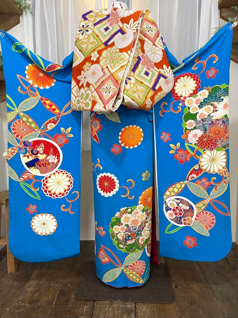 成人式　振袖フルセット　1106 正絹振袖　古典総柄　縮緬　青　オレンジ