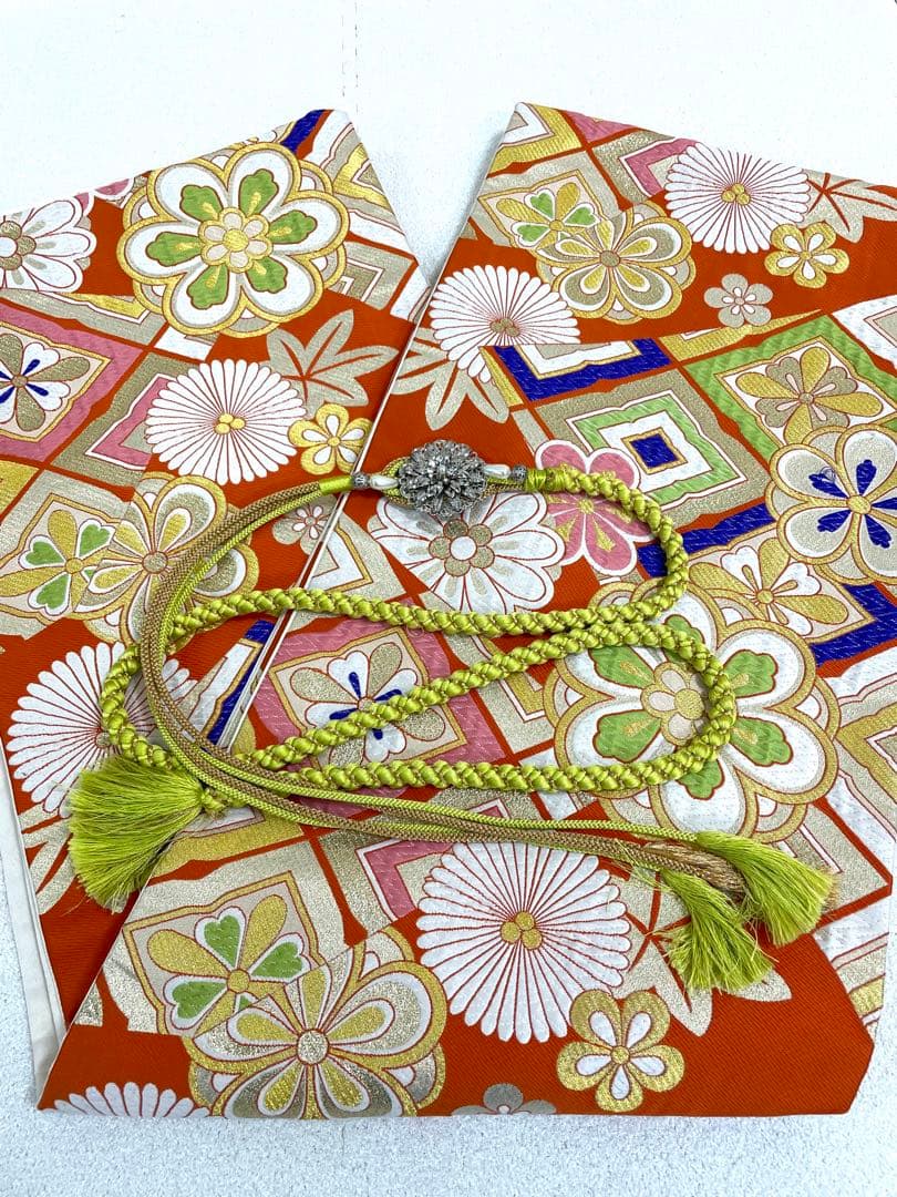 成人式　振袖フルセット　1106 正絹振袖　古典総柄　縮緬　青　オレンジ