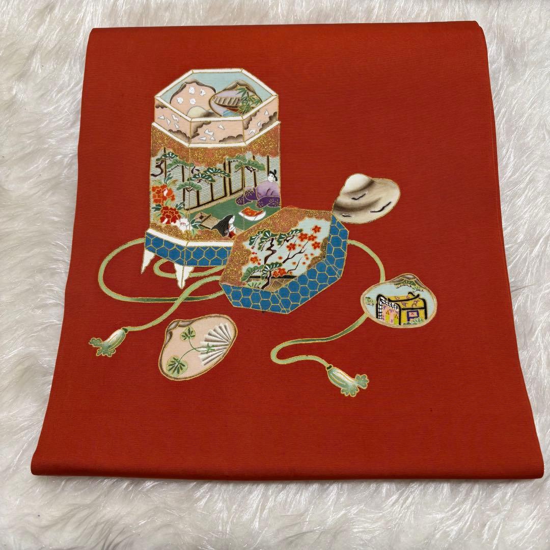 ✨ 美品【 名古屋帯 九寸帯 】 貝桶 平安貴族 塩瀬 太鼓柄 手描き 391