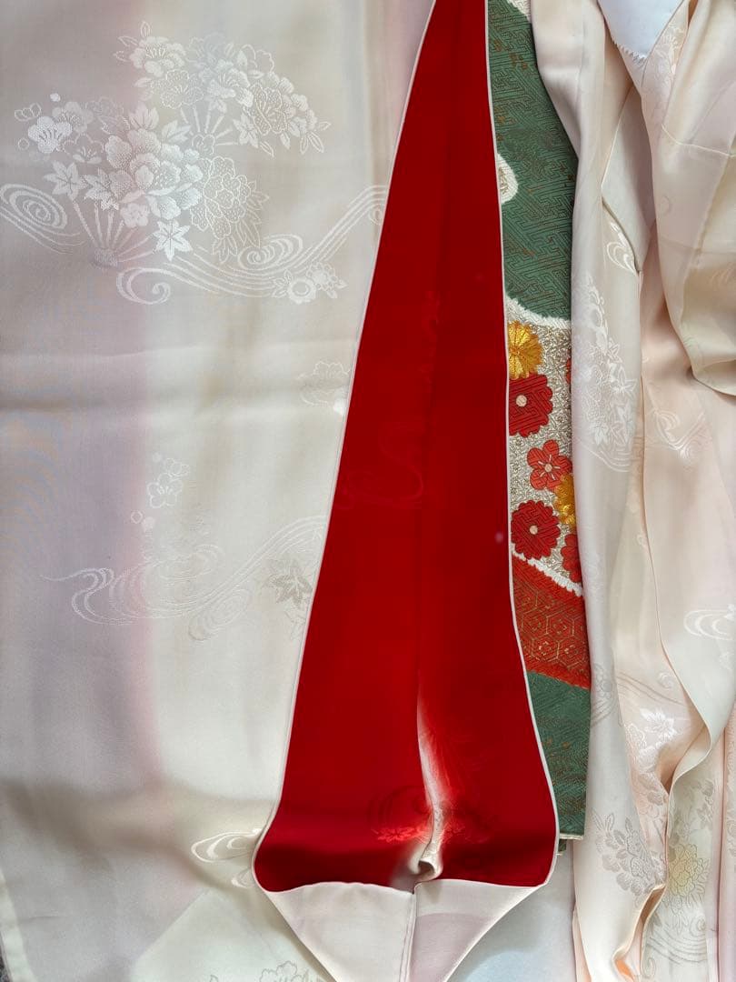 正絹　振袖　長襦袢　袋帯3点セット　古典柄　白系