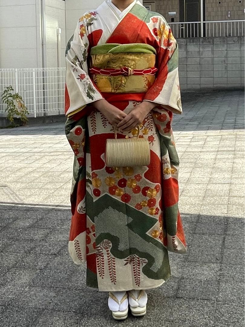 正絹　振袖　長襦袢　袋帯3点セット　古典柄　白系