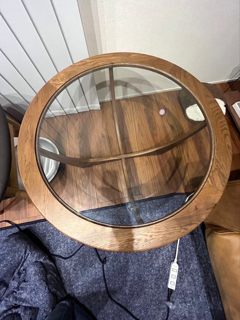 【美品】クラッシュゲート ノル ジース 無垢材×ガラスコーヒーテーブル ガラス丸
