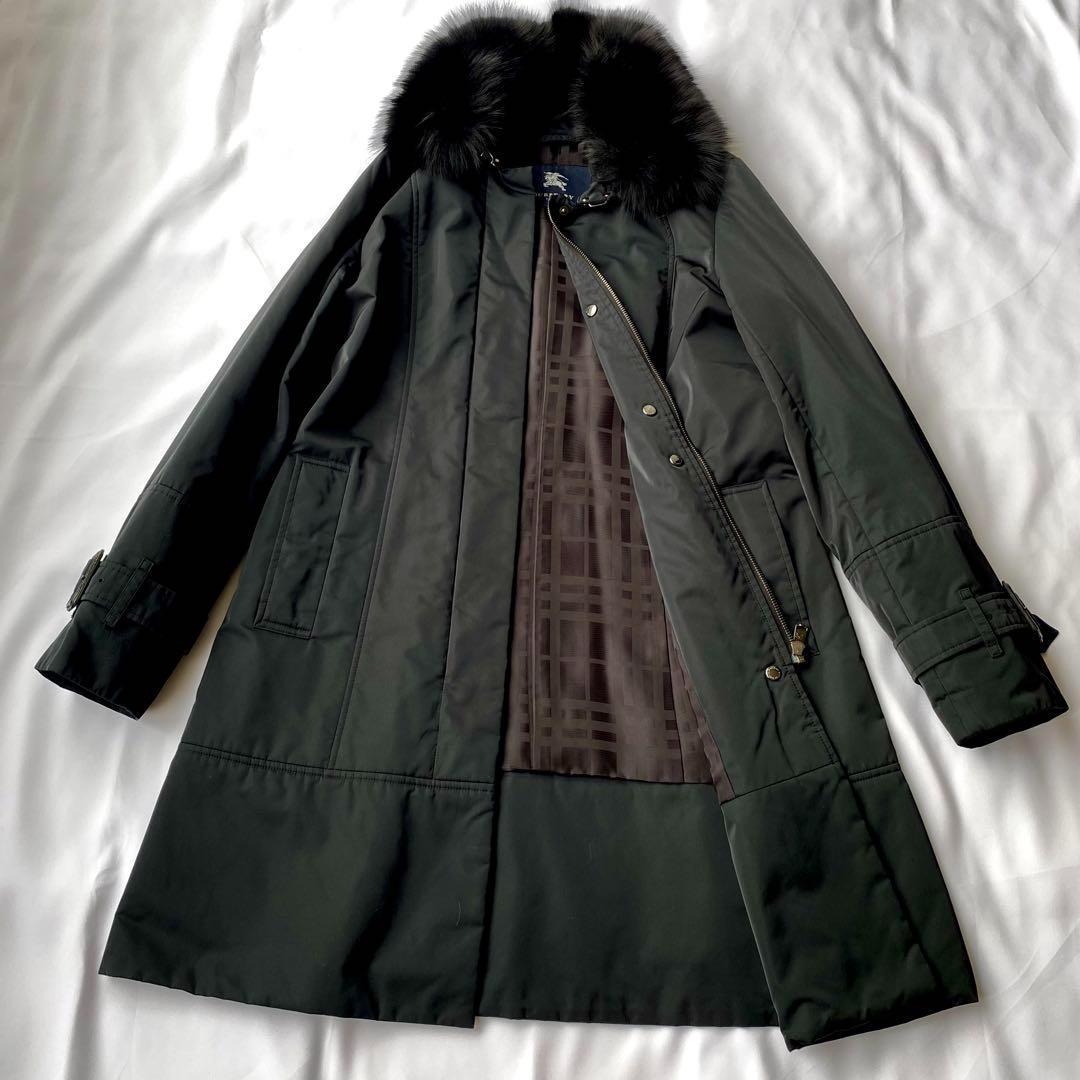 バーバリーロンドン フォックスファー シャドーチェック 中綿コート 黒