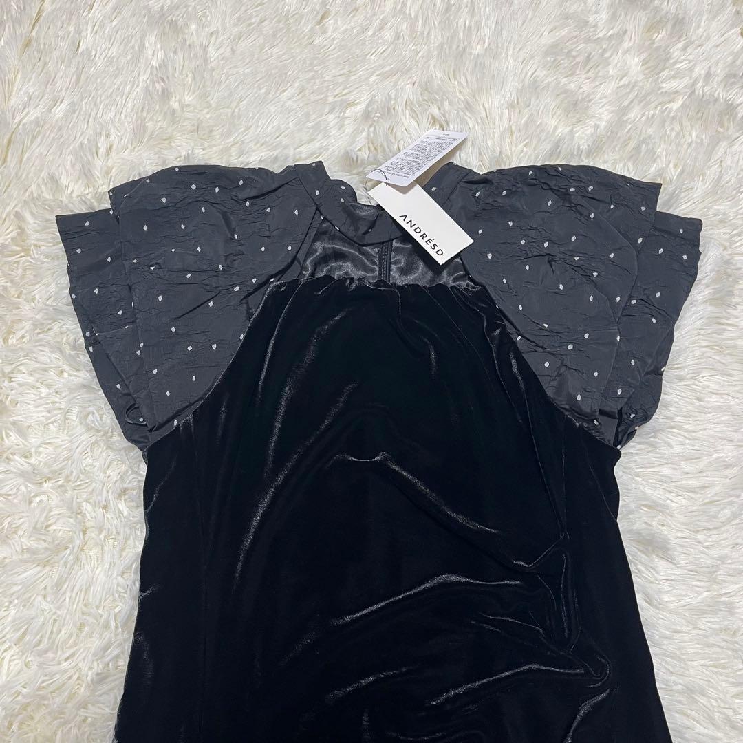 【未使用タグ付】ANDRESD ドレープベロアドレス　ドットブラック　M