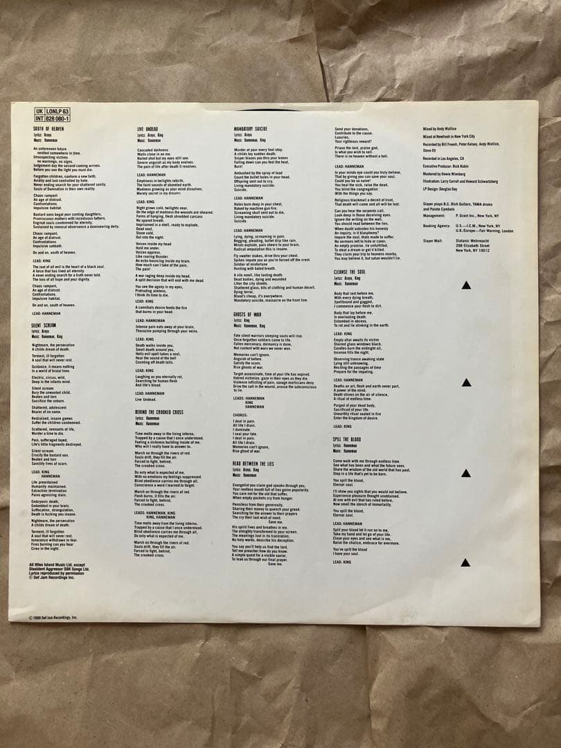 Slayer South of Heaven 12インチレコード