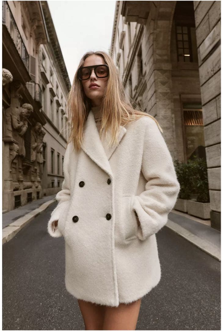 【ZARA】ブークレダブルブレストミディ丈コート Lサイズ