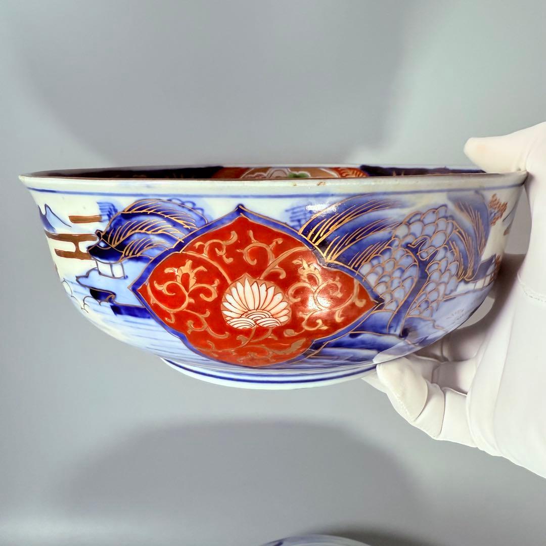 1900年代初頭　錦手　山水図三ツ鉢　箱有　青海波文　舟　二重高台　明治大正期