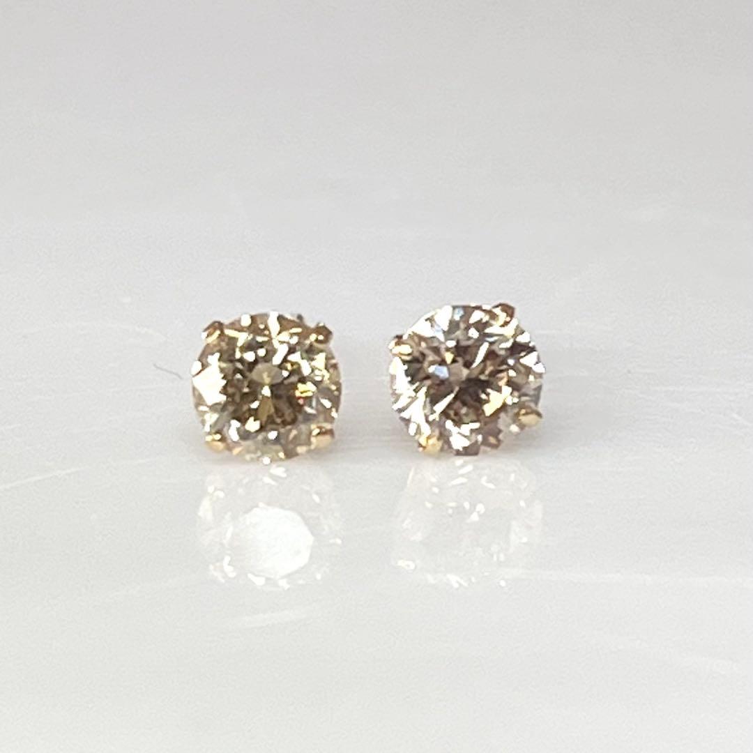 K18 天然ダイヤモンド4本爪ピアス 計0.8ct ブラウン系 鑑別カード付き