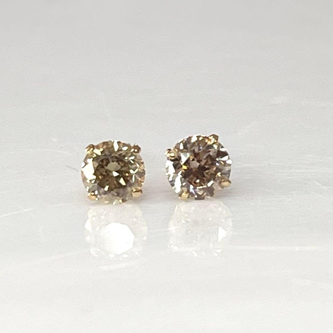 K18 天然ダイヤモンド4本爪ピアス 計0.8ct ブラウン系 鑑別カード付き