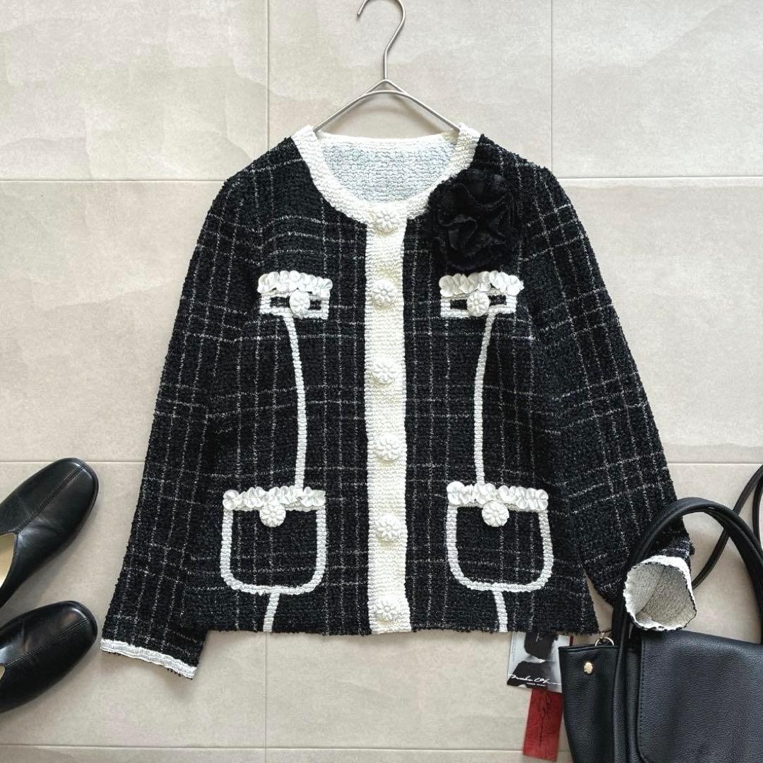 新品タグ付き 近年 ノコオーノ♡プリーツジャケット フラワー ブローチ付 黒