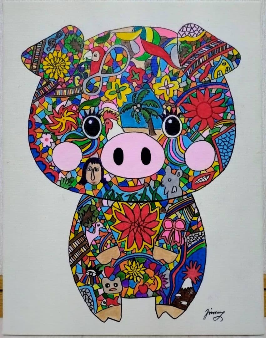 【F6号】ジミー大西【Pig】手描き作品/表裏サイン/油彩/アクリル/絵画/額縁