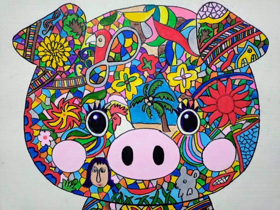 【F6号】ジミー大西【Pig】手描き作品/表裏サイン/油彩/アクリル/絵画/額縁