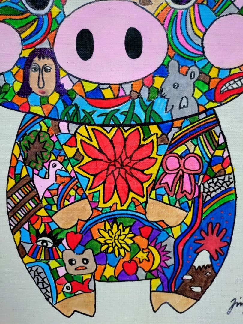 【F6号】ジミー大西【Pig】手描き作品/表裏サイン/油彩/アクリル/絵画/額縁