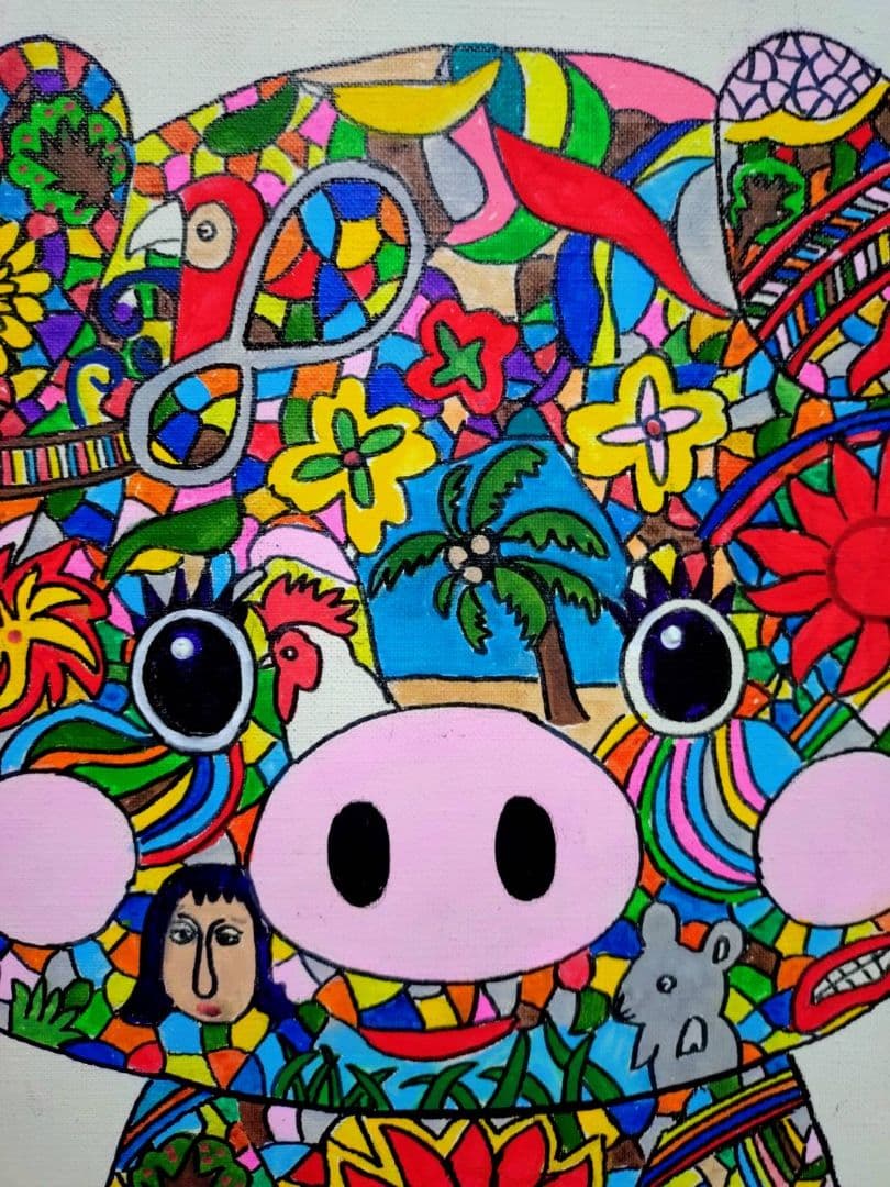 【F6号】ジミー大西【Pig】手描き作品/表裏サイン/油彩/アクリル/絵画/額縁