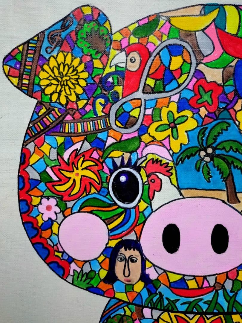 【F6号】ジミー大西【Pig】手描き作品/表裏サイン/油彩/アクリル/絵画/額縁