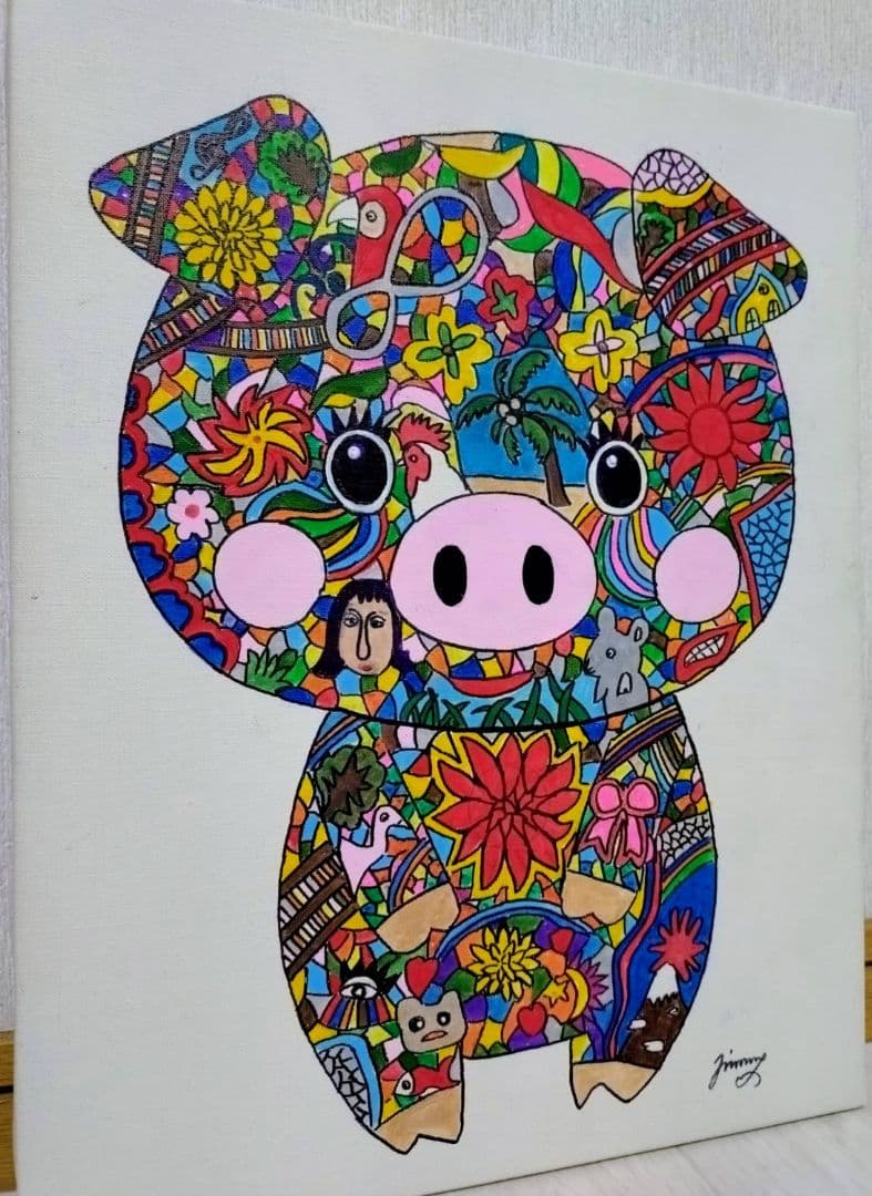【F6号】ジミー大西【Pig】手描き作品/表裏サイン/油彩/アクリル/絵画/額縁