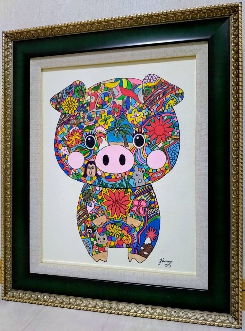 【F6号】ジミー大西【Pig】手描き作品/表裏サイン/油彩/アクリル/絵画/額縁