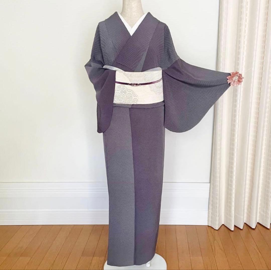 なす【単衣】両面染めドットグラデーション 江戸小紋正絹着物 sサイズ