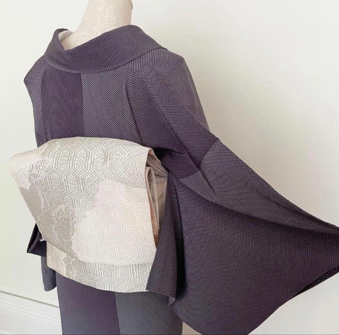 なす【単衣】両面染めドットグラデーション 江戸小紋正絹着物 sサイズ