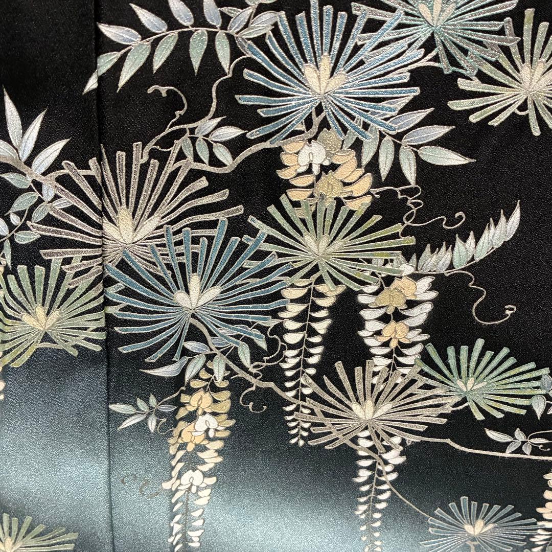 お値下げ済み D46 訪問着 藤の花 黒地 正絹 着物 袷 しつけ糸未使用極美品
