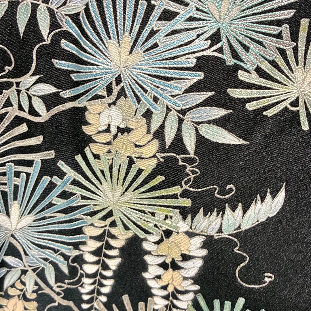 お値下げ済み D46 訪問着 藤の花 黒地 正絹 着物 袷 しつけ糸未使用極美品