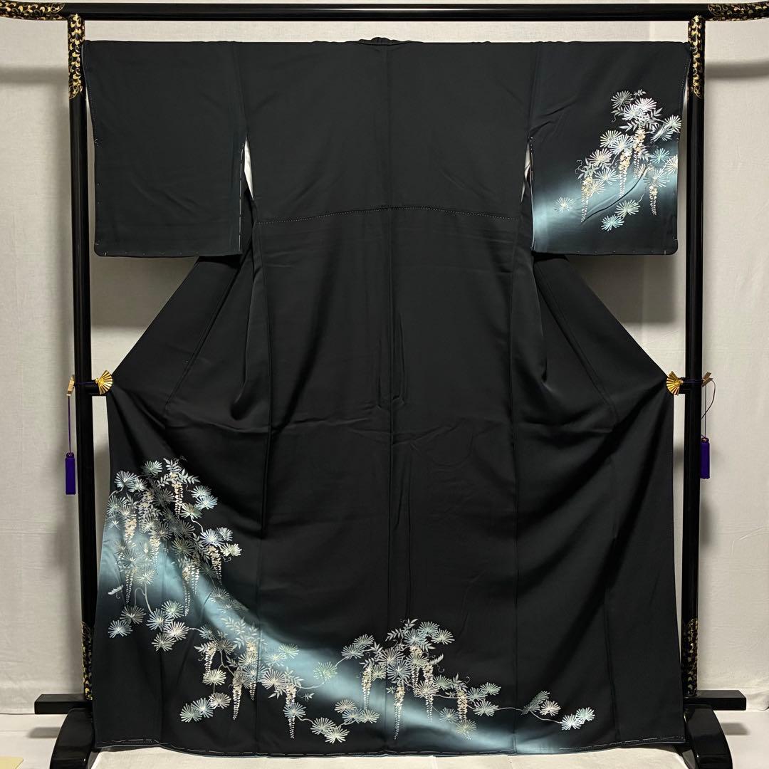 お値下げ済み D46 訪問着 藤の花 黒地 正絹 着物 袷 しつけ糸未使用極美品