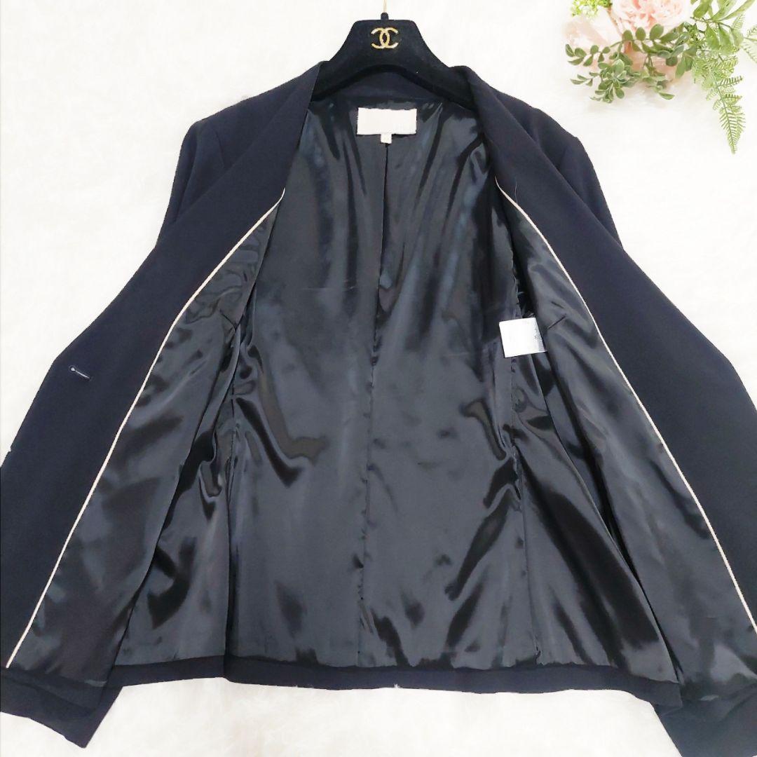 美品 自由区 大きいサイズ 44 洗える ストレッチ ノーカラー セットアップ