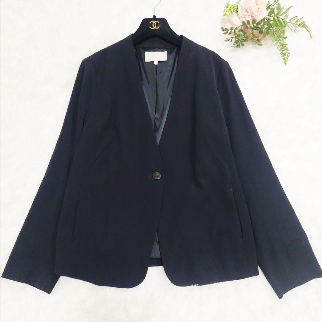 美品 自由区 大きいサイズ 44 洗える ストレッチ ノーカラー セットアップ