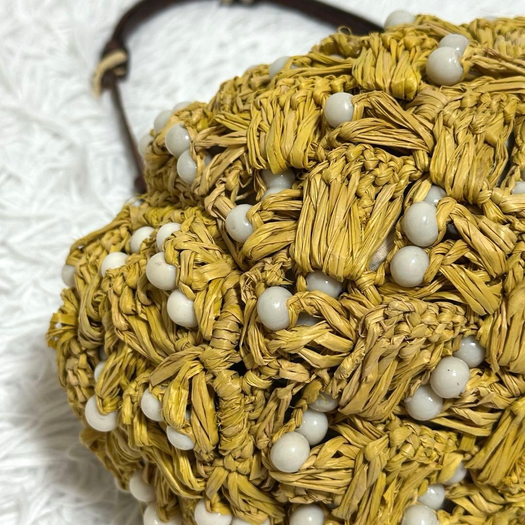 美品✨ジャマンピュエッシュ がま口 ビーズ ワンショルダーバッグ ラフィア カゴ