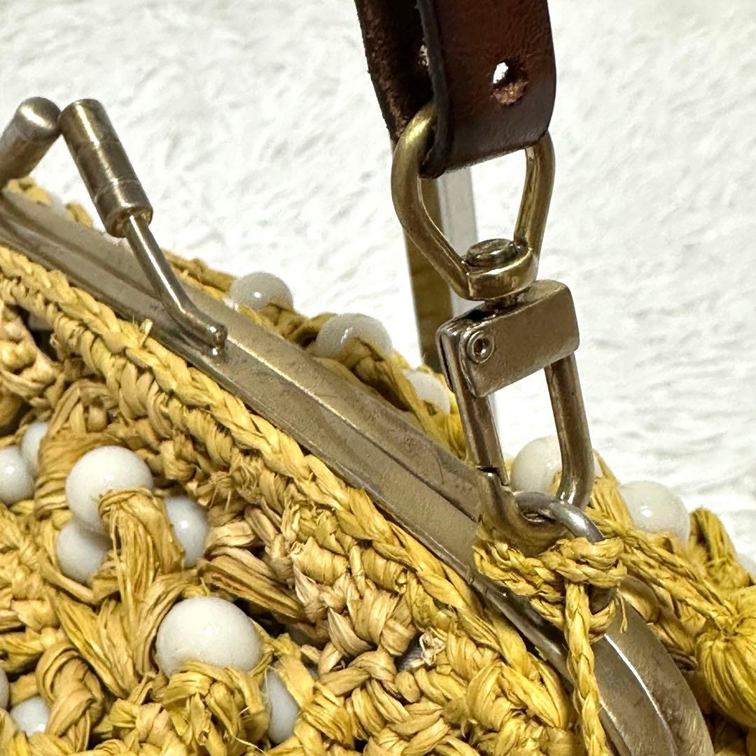 美品✨ジャマンピュエッシュ がま口 ビーズ ワンショルダーバッグ ラフィア カゴ