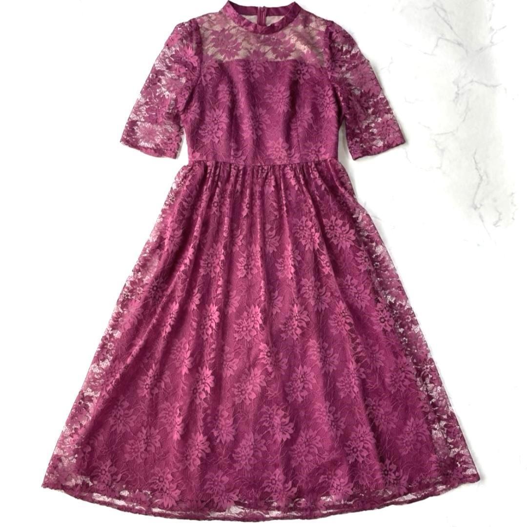 エメ AIMER プチハイネック袖付き花柄レースフィット＆フレアドレス Lサイズ