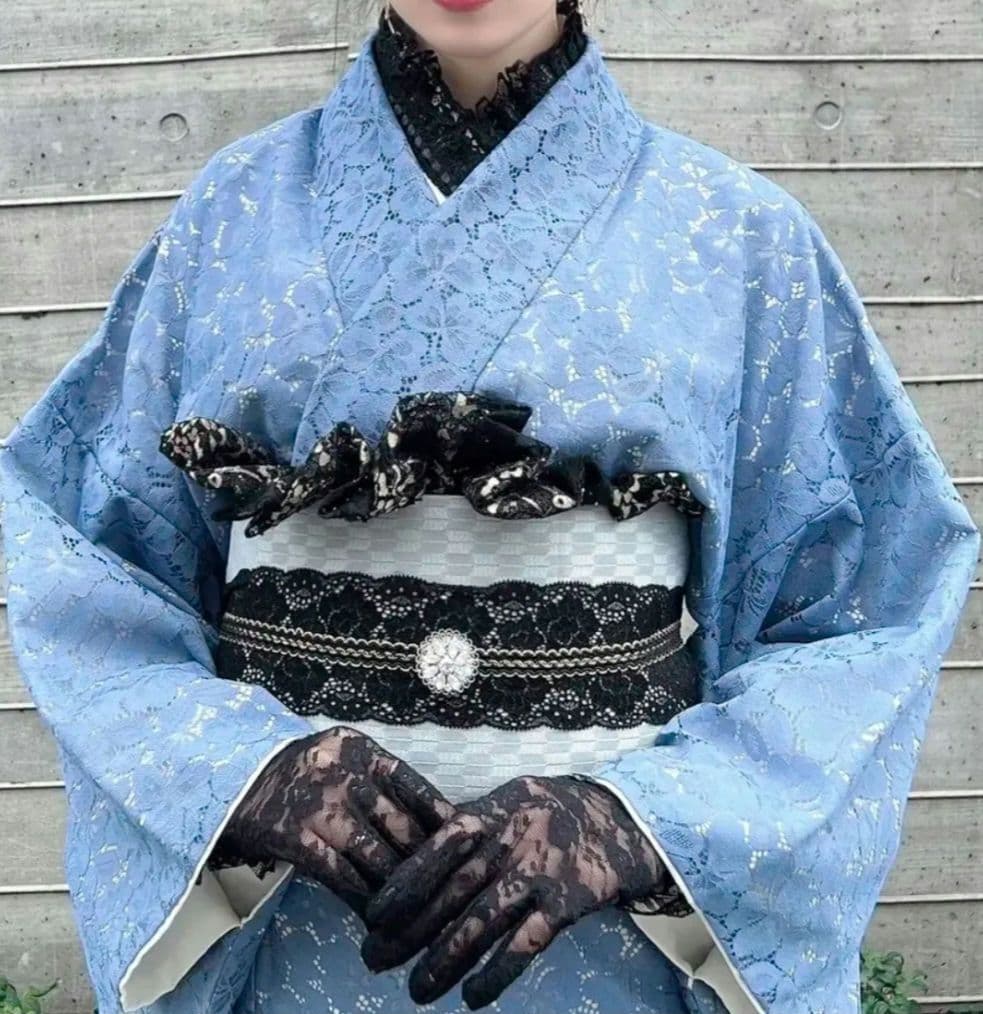 レース 着物 振袖 青 サックスブルー 和ロリ