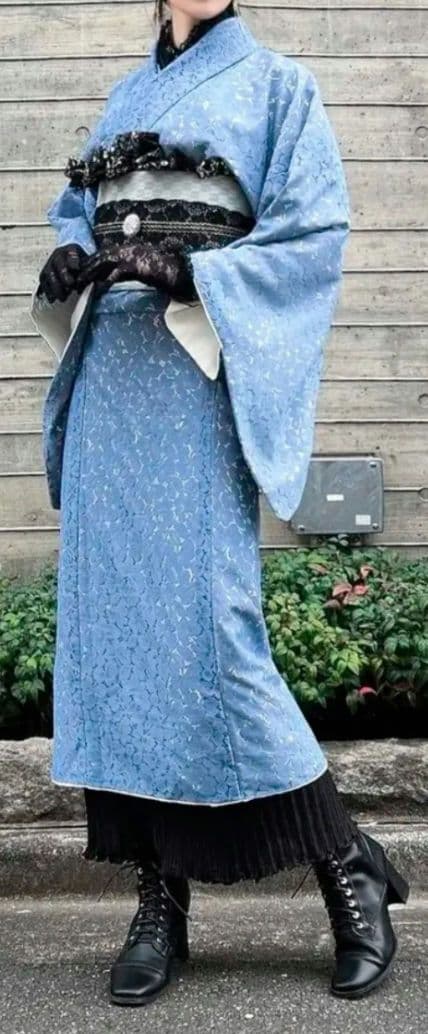 レース 着物 振袖 青 サックスブルー 和ロリ