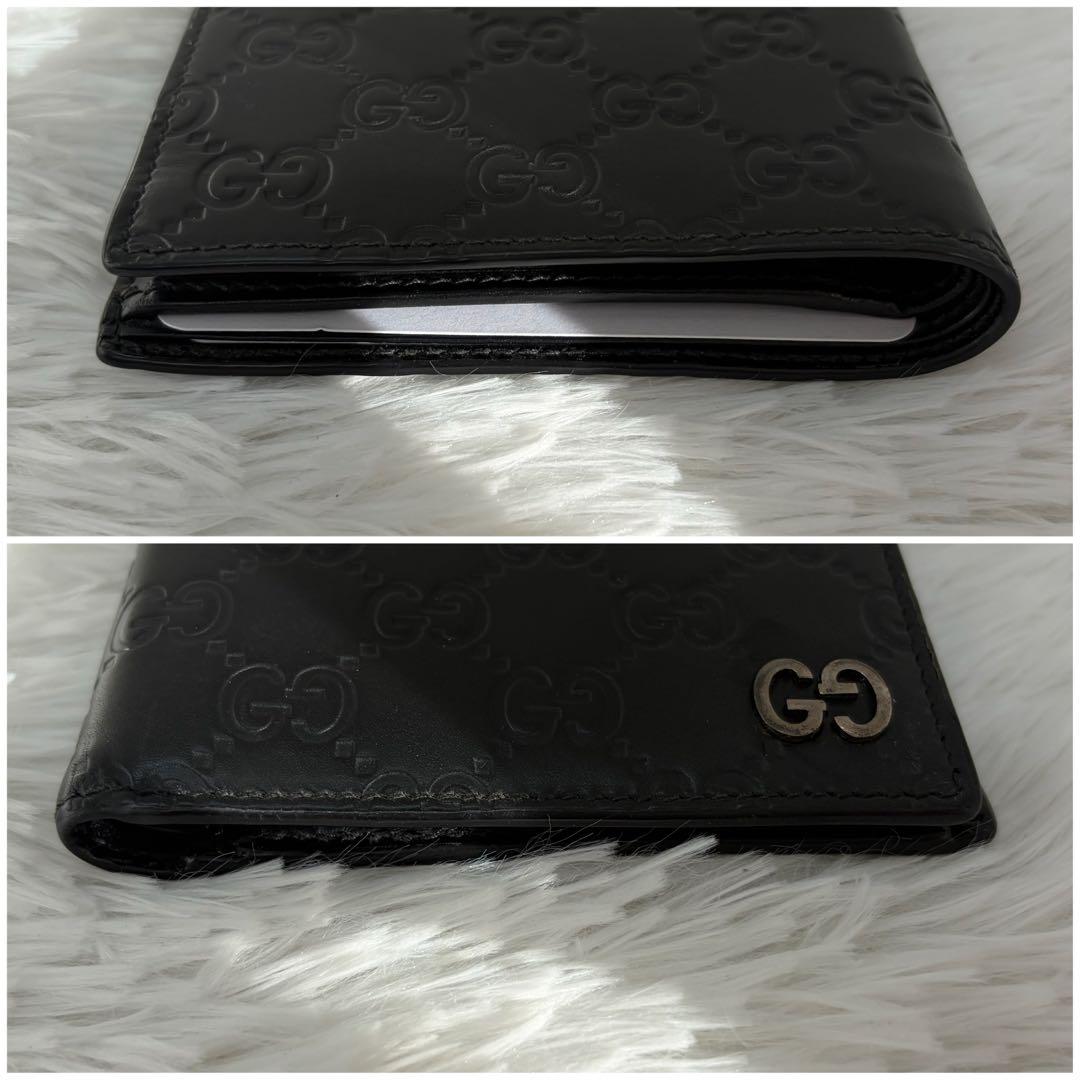 未使用級✨️ グッチ　二つ折り　シマ　小銭入れ　ドリアン　型押し　レザー　黒