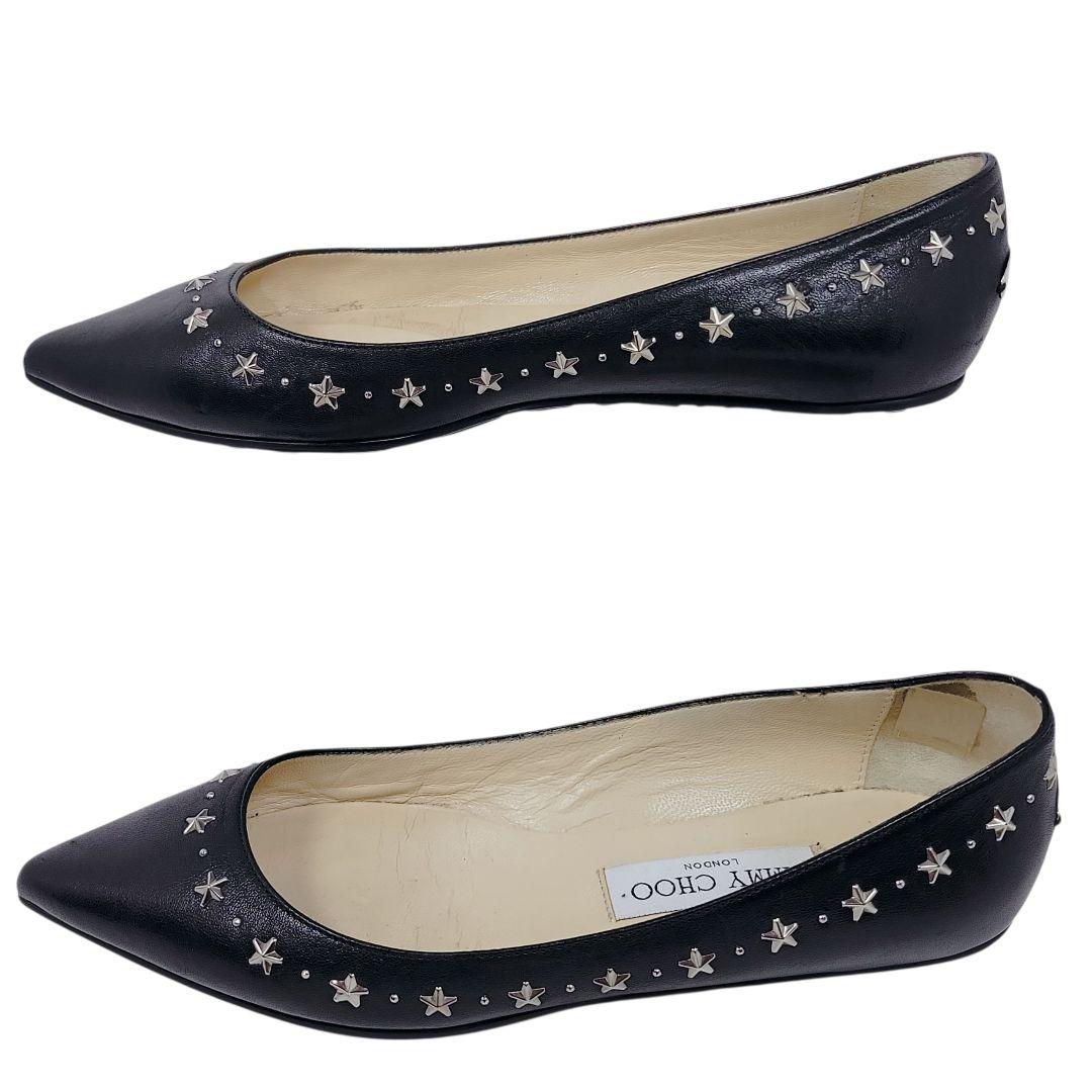 ジミーチュウ　パンプス　約24㌢　フラット　スタッズ　ポインテッドトゥ　レザー