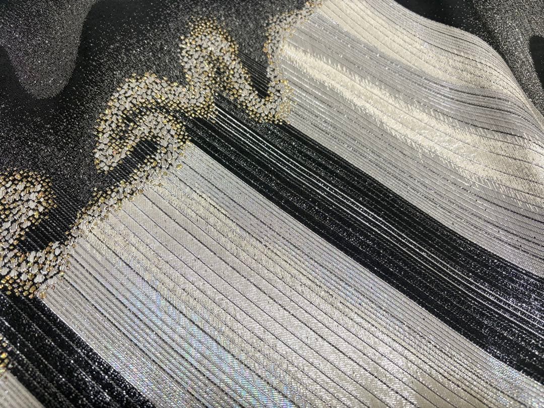 F オーロラ模様 キラキラ 金銀糸 黒地 正絹 六通 袋帯 O1