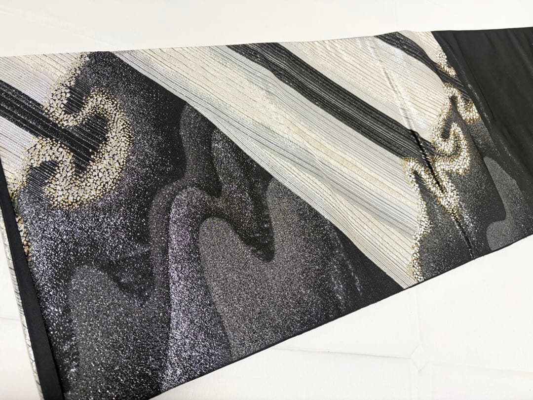 F オーロラ模様 キラキラ 金銀糸 黒地 正絹 六通 袋帯 O1