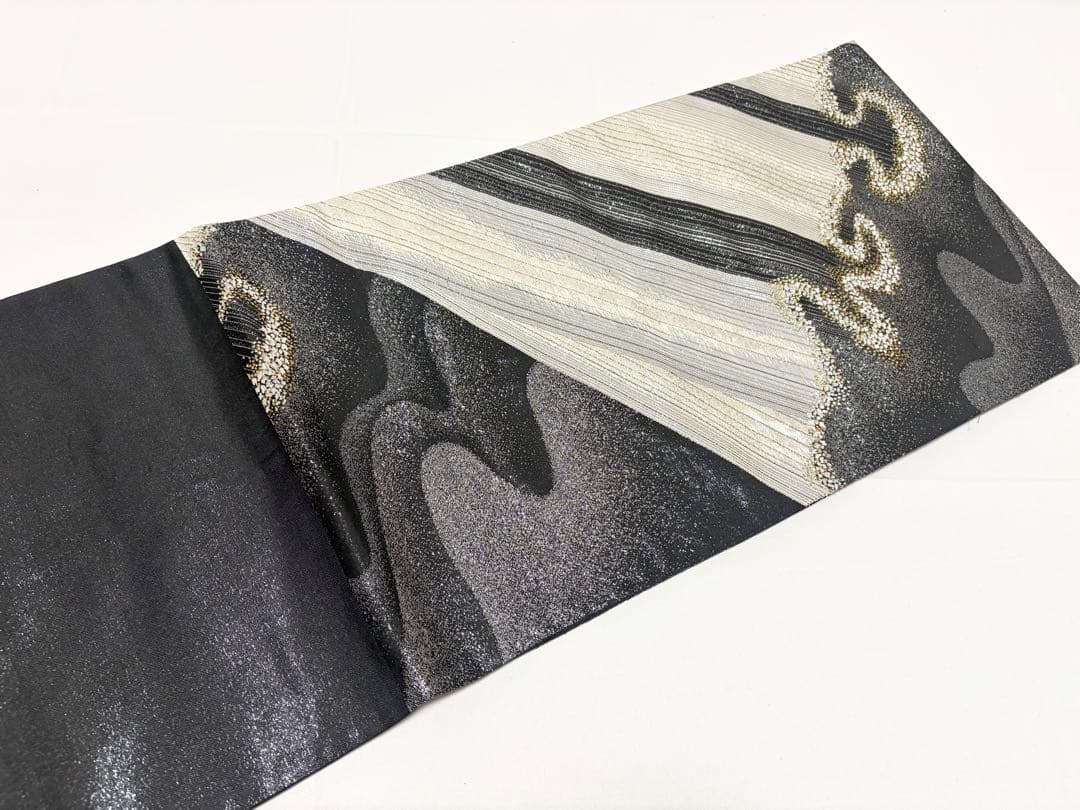 F オーロラ模様 キラキラ 金銀糸 黒地 正絹 六通 袋帯 O1